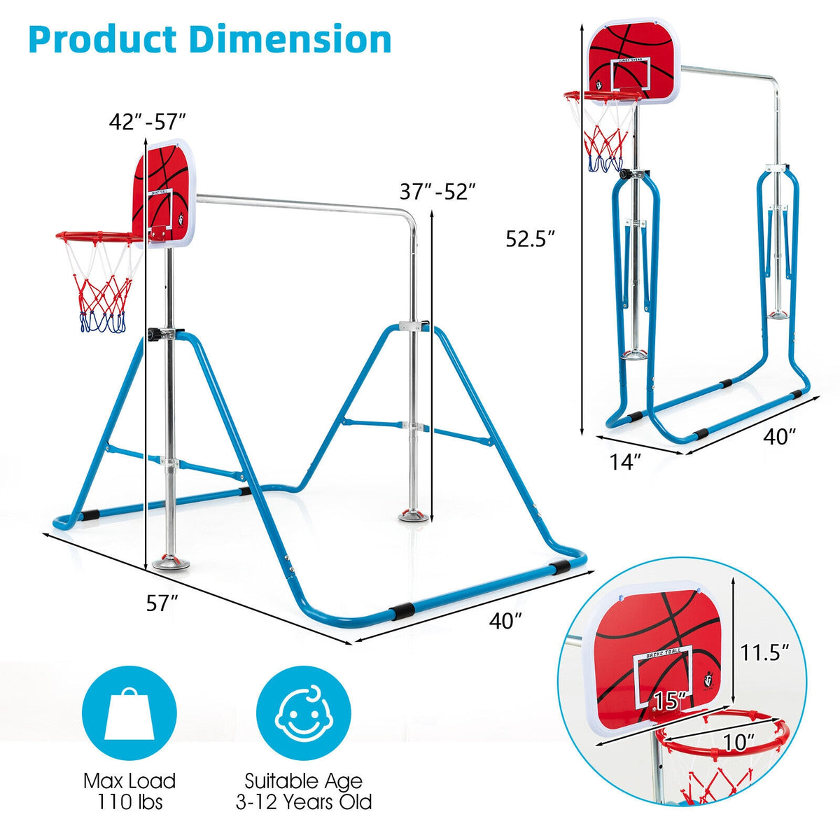 Barre horizontale de gymnastique pliante pour enfants avec panier de basket