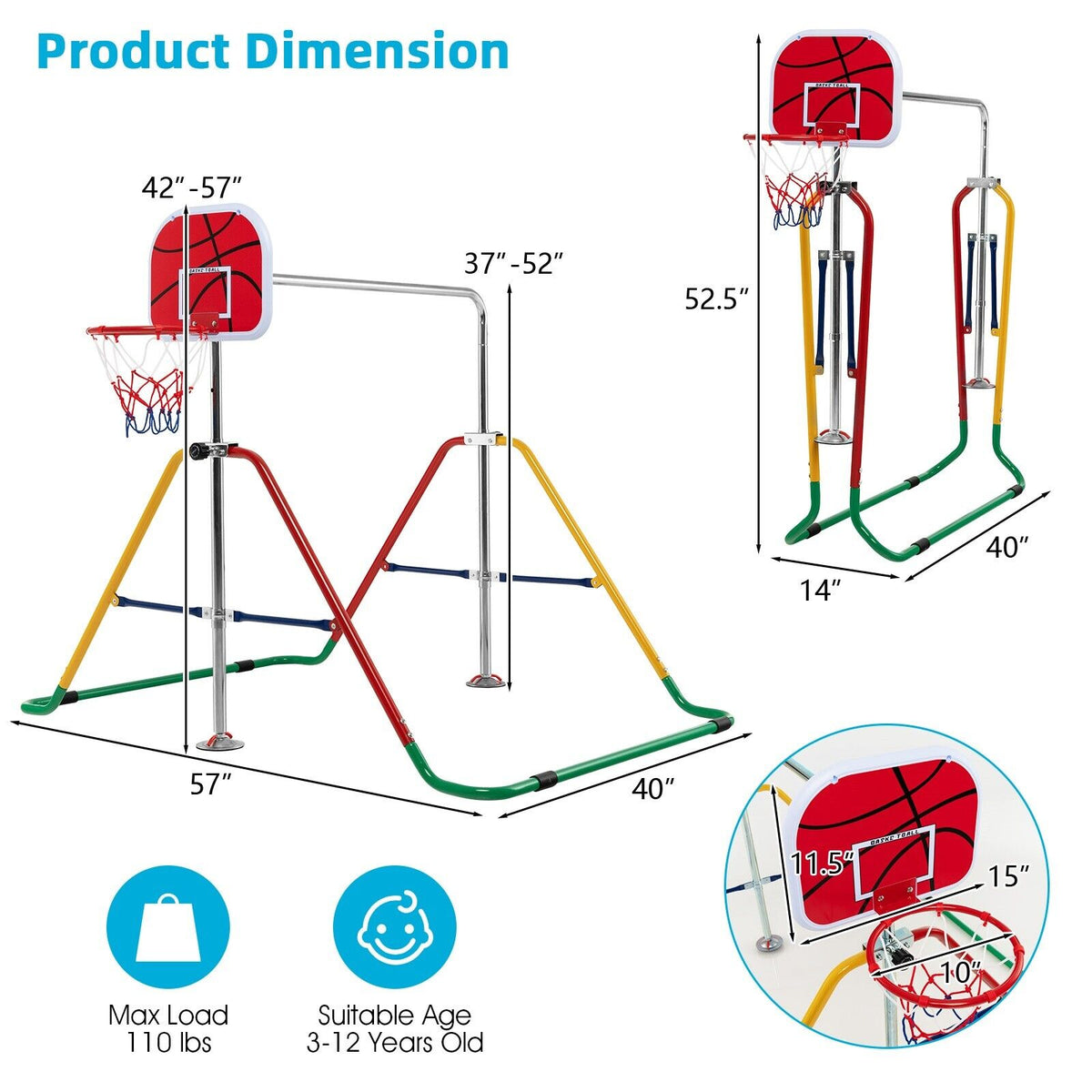Barre horizontale de gymnastique pliante pour enfants avec panier de basket
