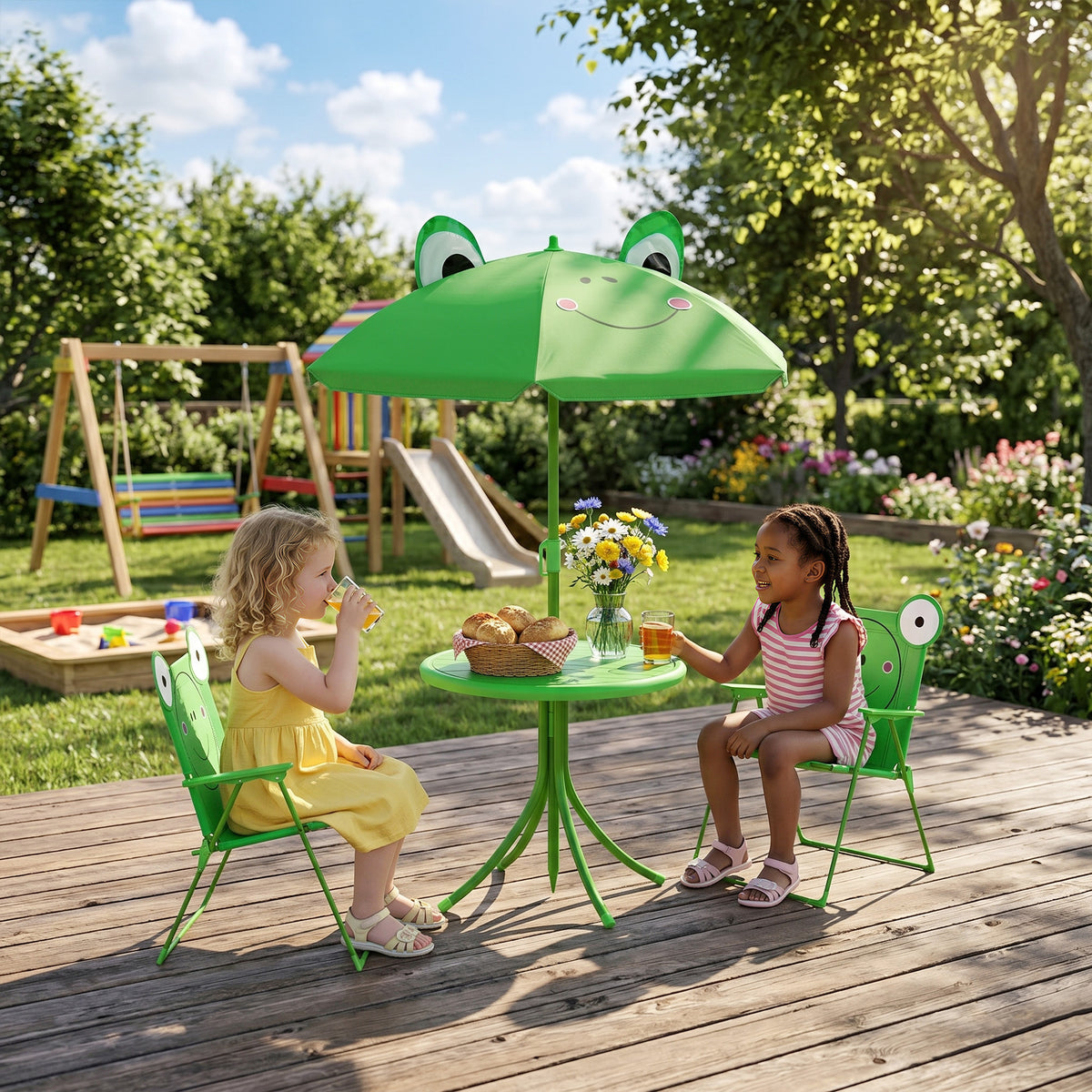 Kids Folding Picnic Table and 2-Chair Set with Umbrella - Green-Kids Outdoor Furniture-DECOROLALA