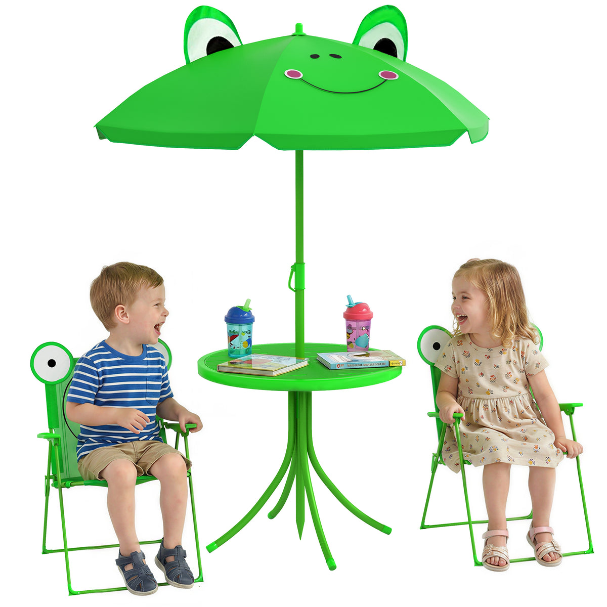 Kids Folding Picnic Table and 2-Chair Set with Umbrella - Green-Toys & Games > Kids Outdoor Play > Kids Outdoor Furniture-DECOROLALA