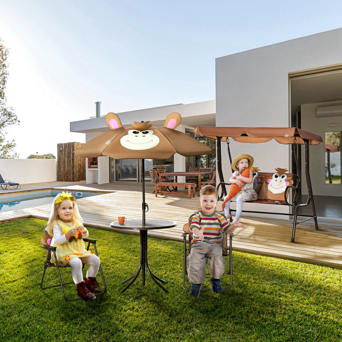 Kids Folding Picnic Table and Chair Set with Umbrella - Monkey-Kids Outdoor Furniture-DECOROLALA