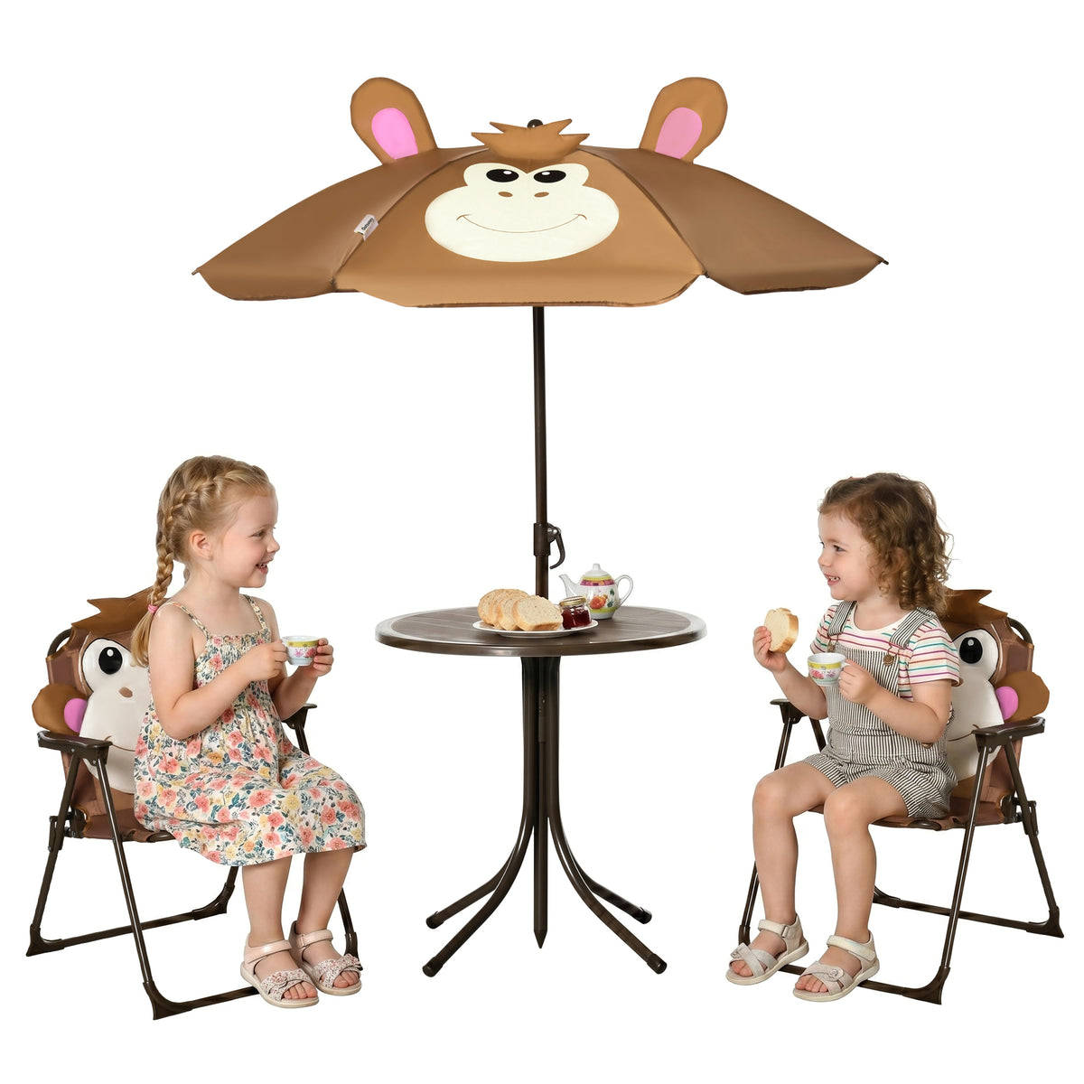 Aosom Kids Folding Picnic Table and Chair Set with Umbrella - Monkey-Toys & Games > Kids Outdoor Play > Kids Outdoor Furniture-DECOROLALA
