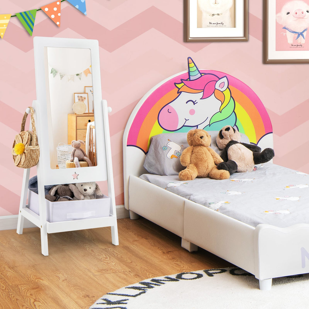Kids Full Length Mirror 360 Degree Rotatable Dressing Mirror with Storage Bin-White-Kids Vanities-DECOROLALA