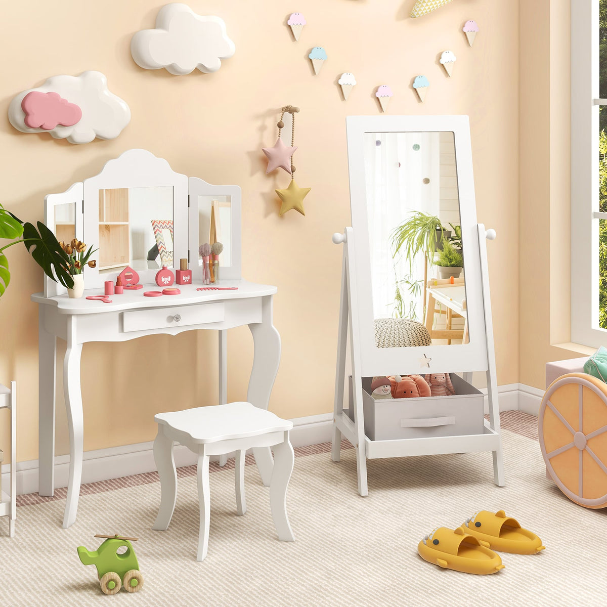 Kids Full Length Mirror 360 Degree Rotatable Dressing Mirror with Storage Bin-White-Kids Vanities-DECOROLALA