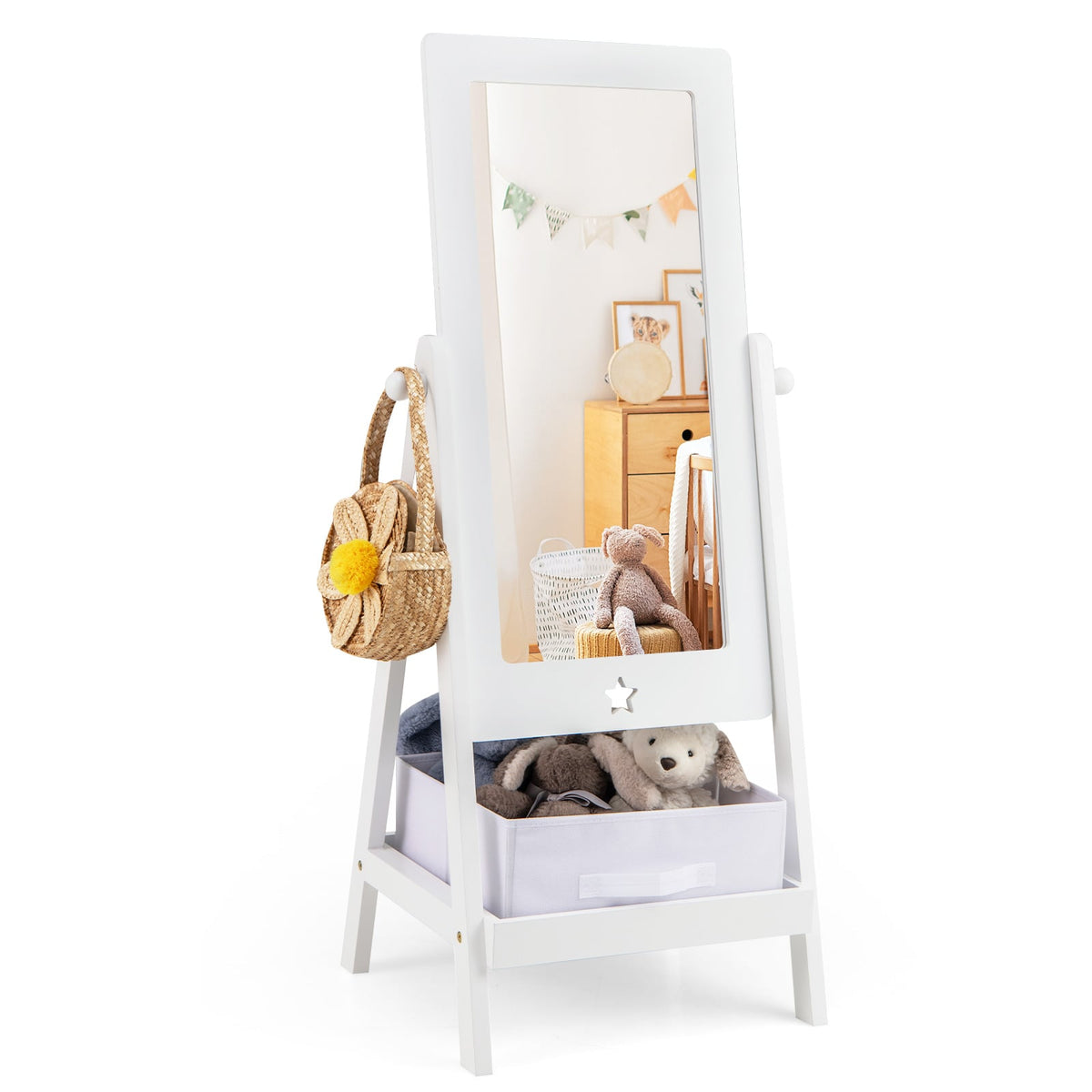 Kids Full Length Mirror 360 Degree Rotatable Dressing Mirror with Storage Bin-White-Kids Vanities-DECOROLALA