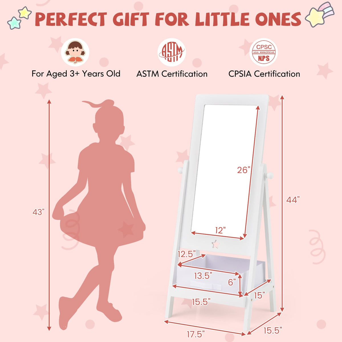 Kids Full Length Mirror 360 Degree Rotatable Dressing Mirror with Storage Bin-White-Kids Vanities-DECOROLALA