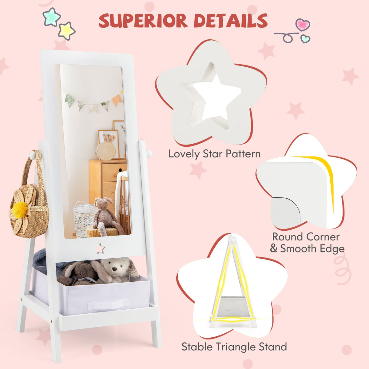 Kids Full Length Mirror 360 Degree Rotatable Dressing Mirror with Storage Bin-White-Kids Vanities-DECOROLALA
