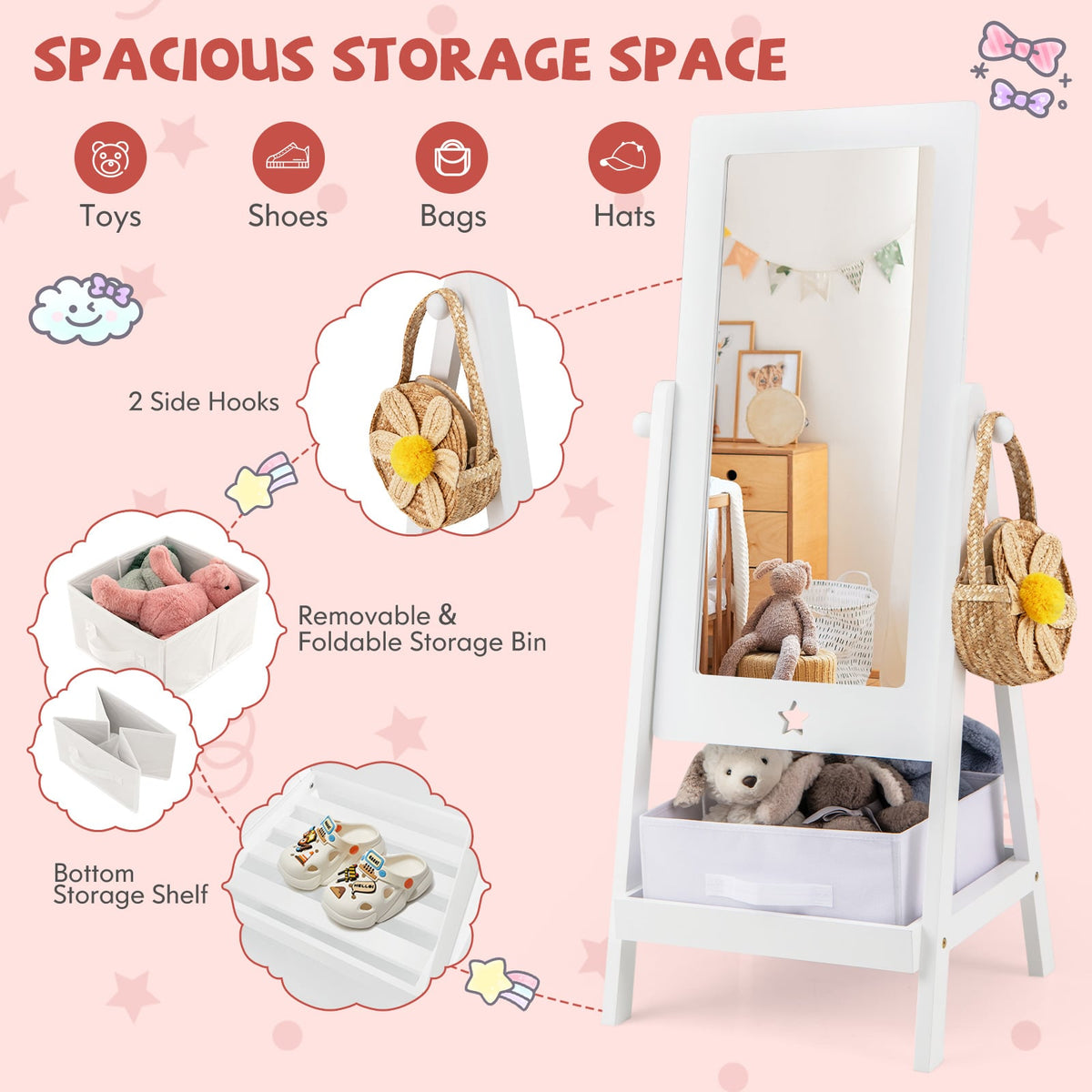 Kids Full Length Mirror 360 Degree Rotatable Dressing Mirror with Storage Bin-White-Kids Vanities-DECOROLALA