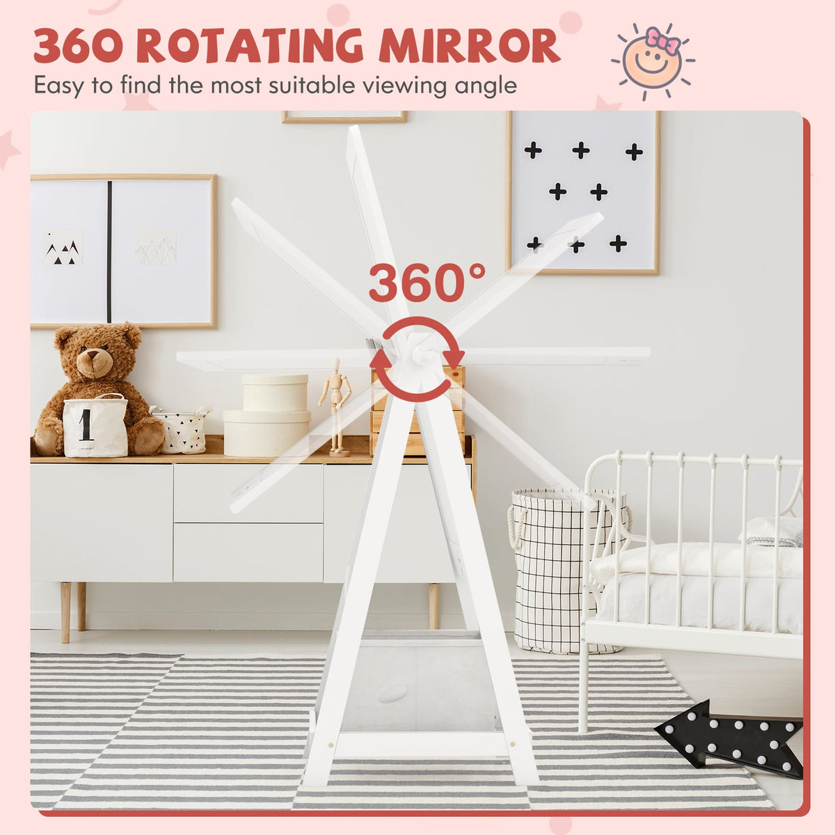 Kids Full Length Mirror 360 Degree Rotatable Dressing Mirror with Storage Bin-White-Kids Vanities-DECOROLALA