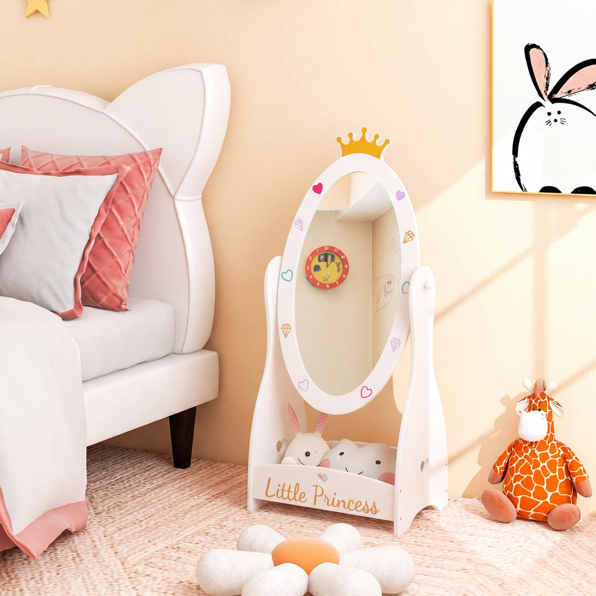 Kids Full Length Mirror with 360 Degree Rotatable Design and Shelf-White-Kids Makeup Vanities-DECOROLALA