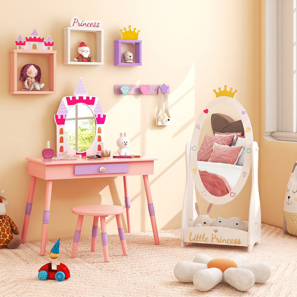 Kids Full Length Mirror with 360 Degree Rotatable Design and Shelf-White-Kids Makeup Vanities-DECOROLALA