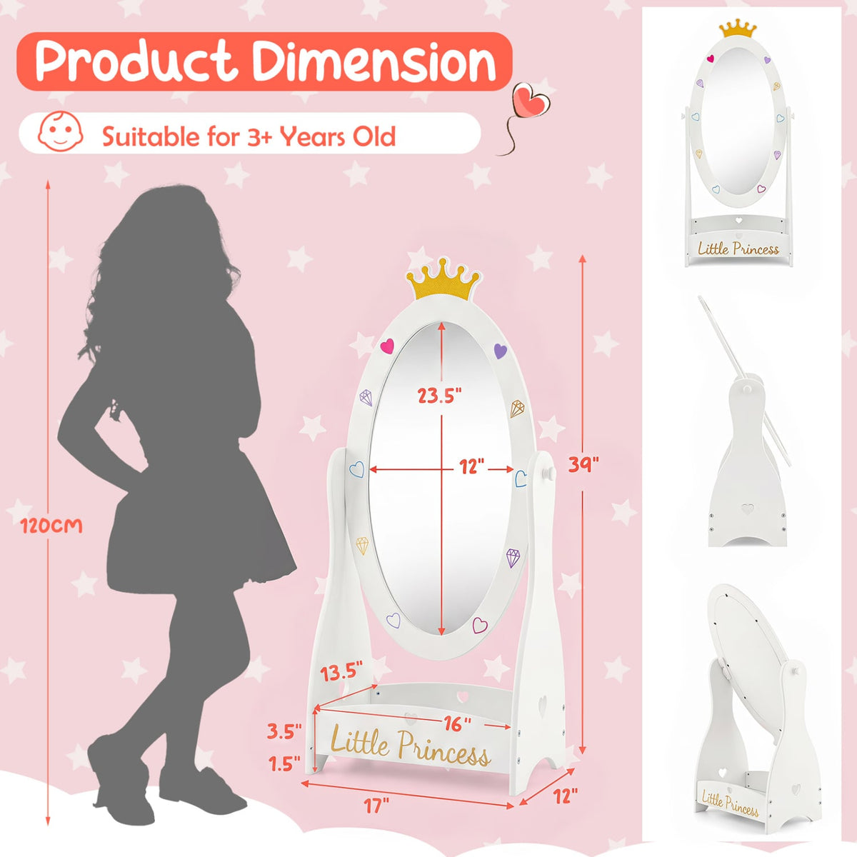 Kids Full Length Mirror with 360 Degree Rotatable Design and Shelf-White-Kids Makeup Vanities-DECOROLALA