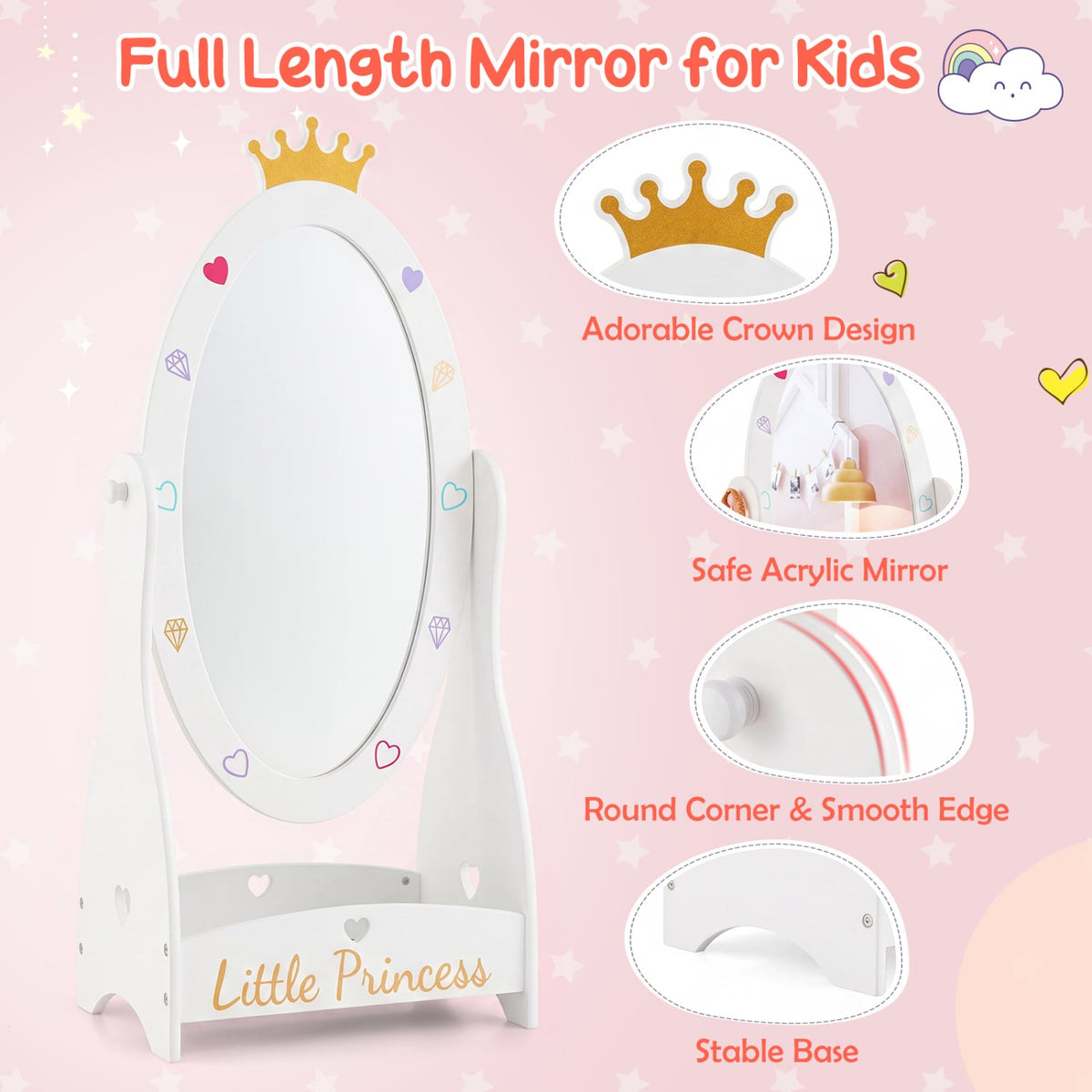 Kids Full Length Mirror with 360 Degree Rotatable Design and Shelf-White-Kids Makeup Vanities-DECOROLALA