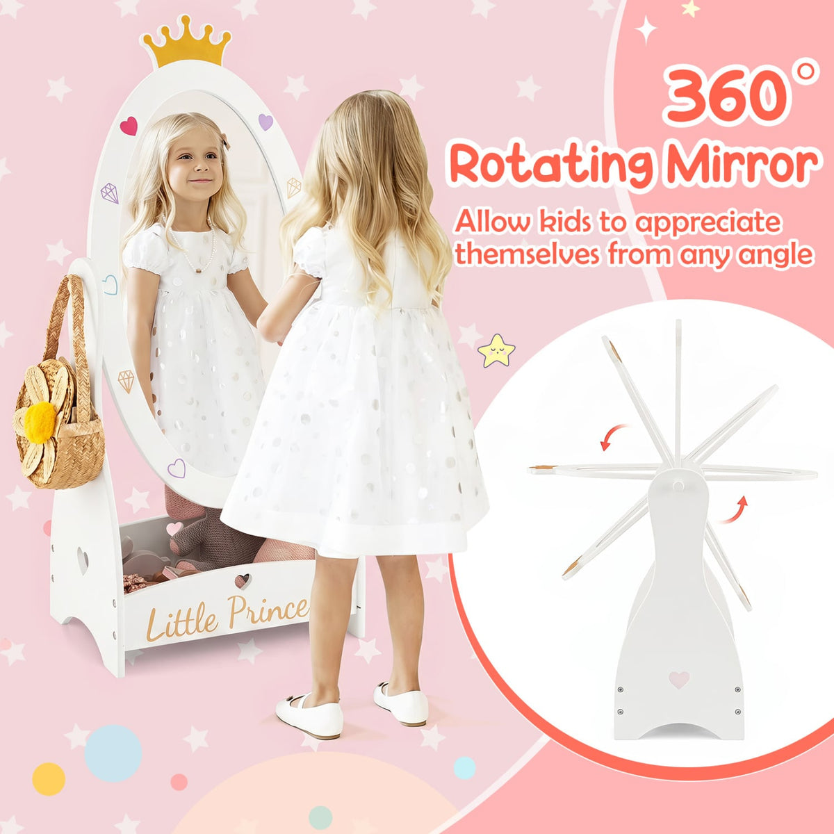 Kids Full Length Mirror with 360 Degree Rotatable Design and Shelf-White-Kids Makeup Vanities-DECOROLALA