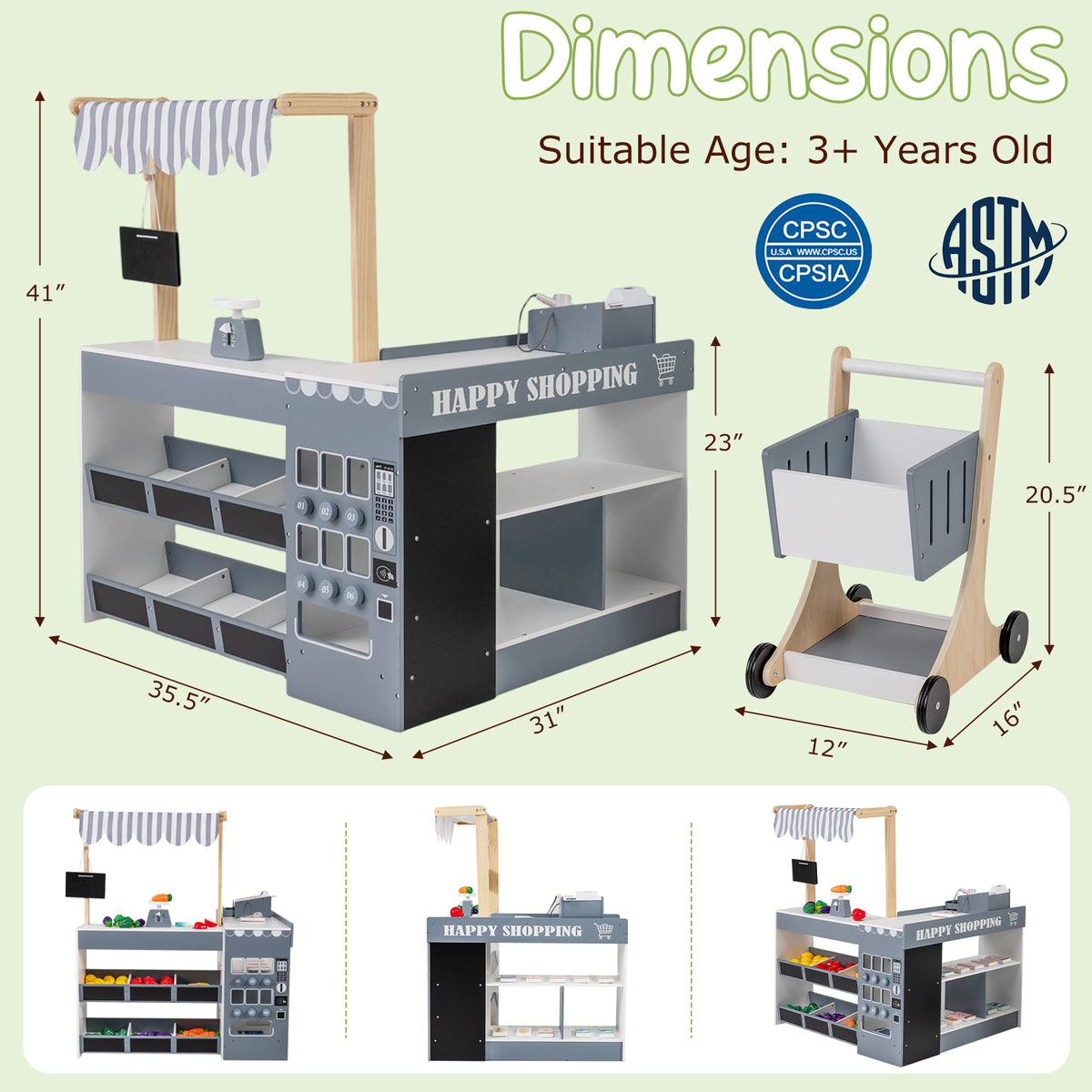 Wooden Grocery Store Playset with Shopping Cart and Accessories