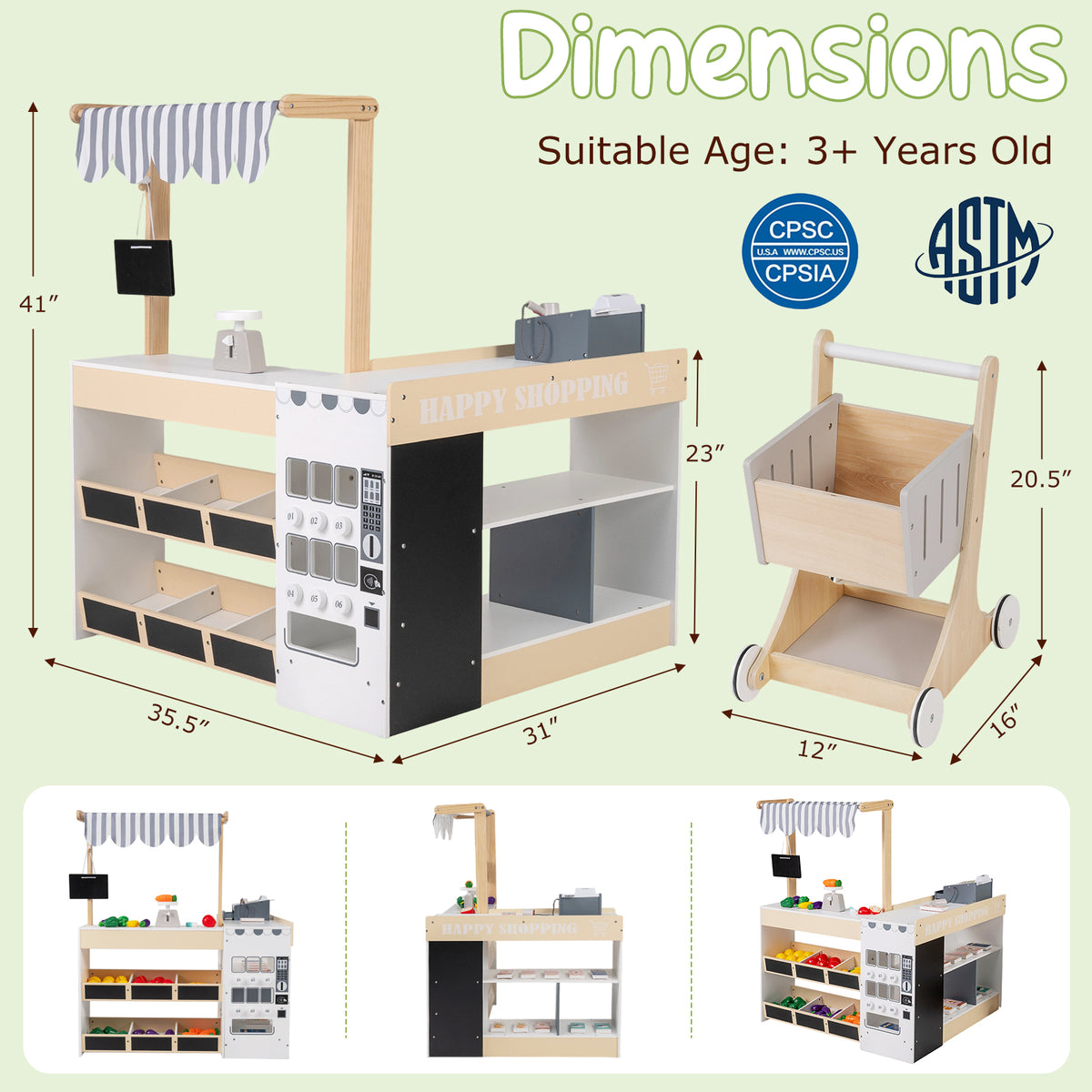 Wooden Grocery Store Playset with Shopping Cart and Accessories