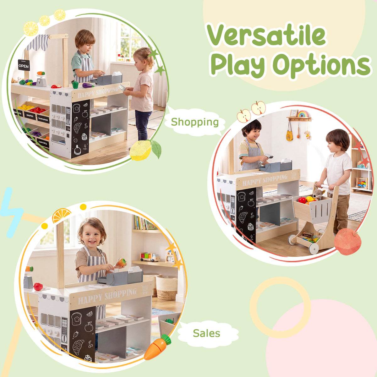 Wooden Grocery Store Playset with Shopping Cart and Accessories