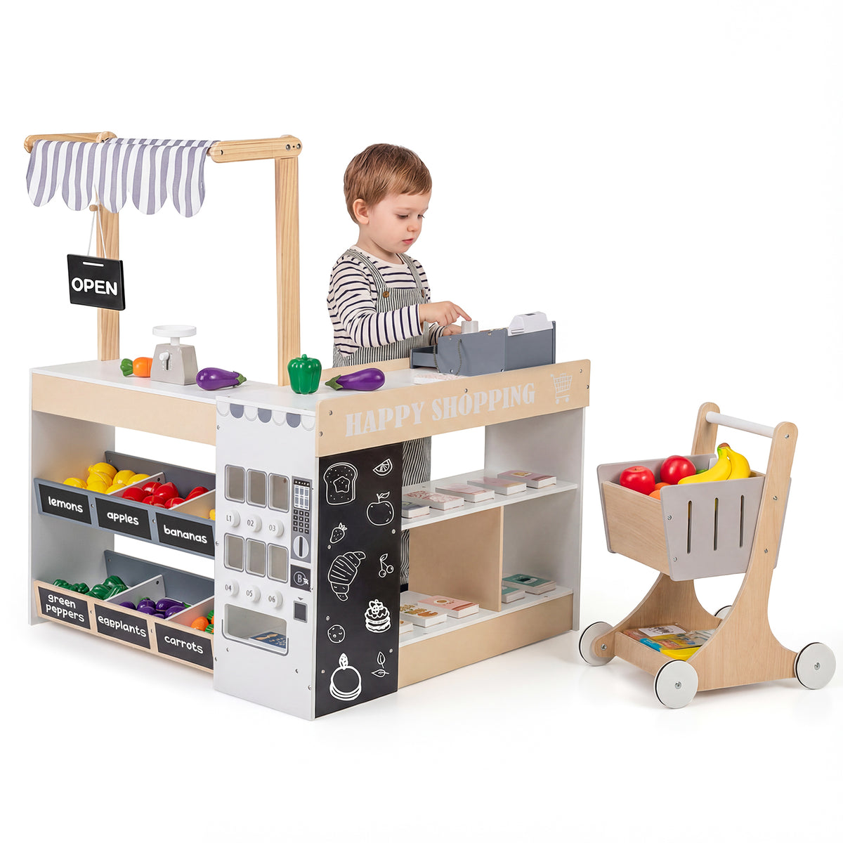Wooden Grocery Store Playset with Shopping Cart and Accessories