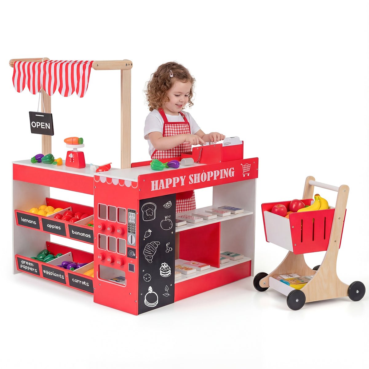Wooden Grocery Store Playset with Shopping Cart and Accessories