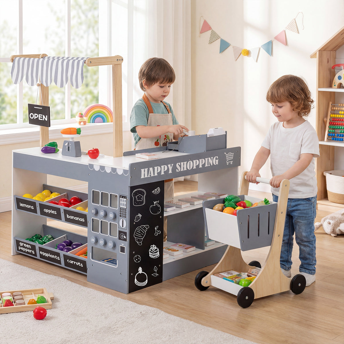 Wooden Grocery Store Playset with Shopping Cart and Accessories