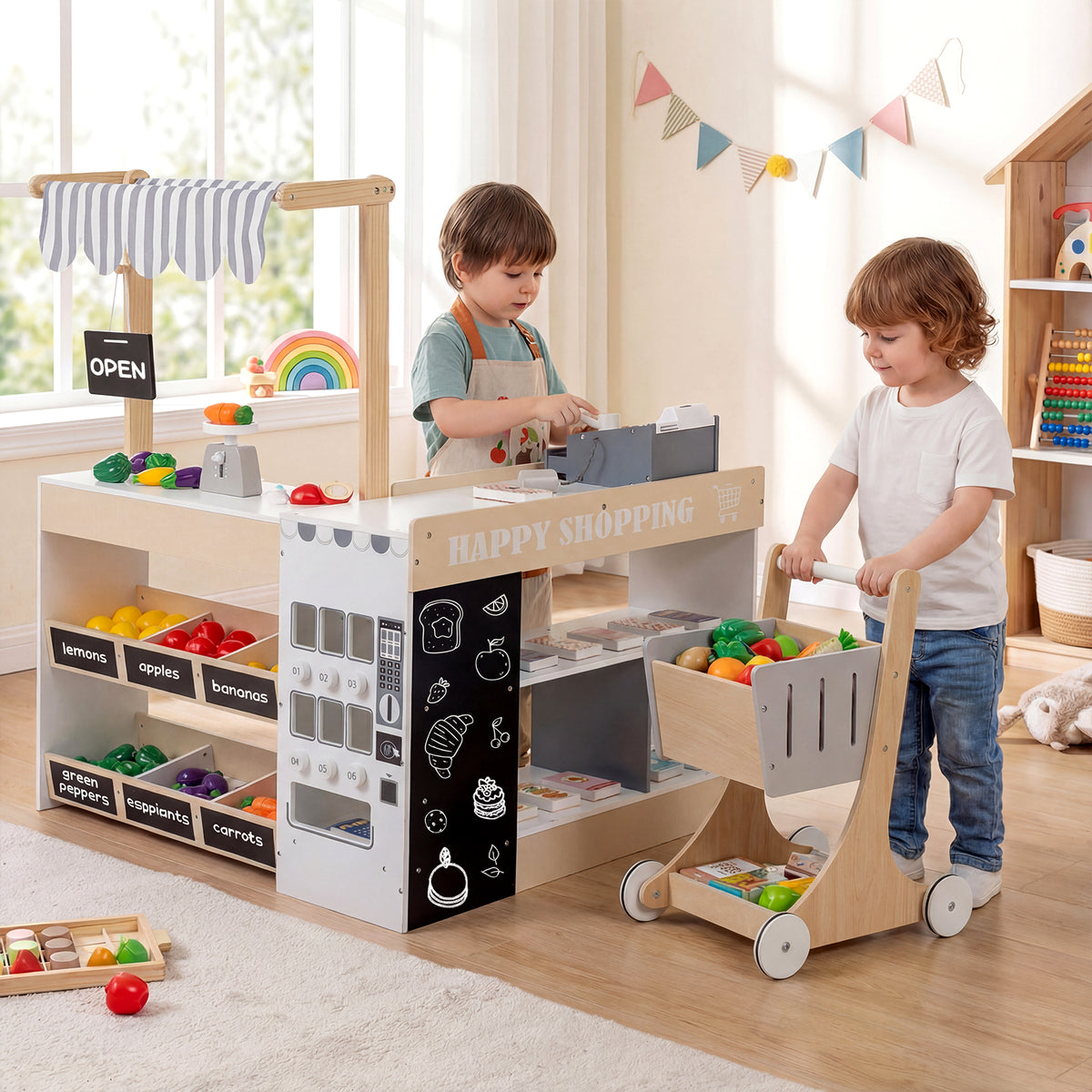Wooden Grocery Store Playset with Shopping Cart and Accessories