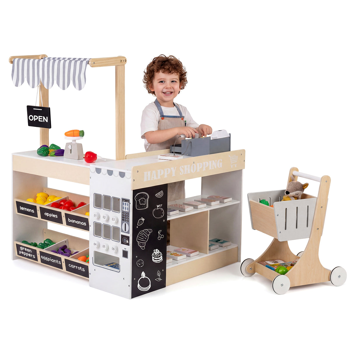 Wooden Grocery Store Playset with Shopping Cart and Accessories