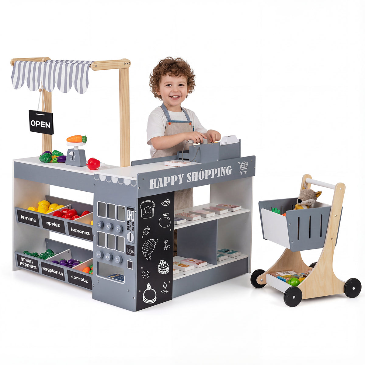 Wooden Grocery Store Playset with Shopping Cart and Accessories