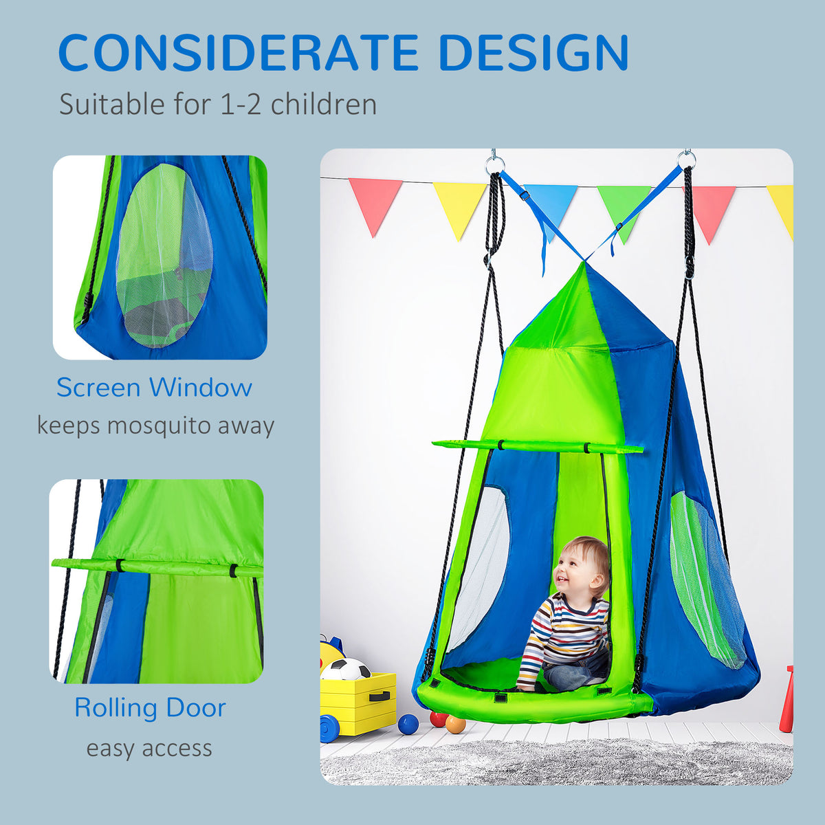 Kids Hanging Tree Swing Tent, Waterproof Sensory Swing with Windows, Rolling Door, for Indoor & Outdoor, Green-Toys & Games > Kids Outdoor Play > Gym Sets & Swings-DECOROLALA