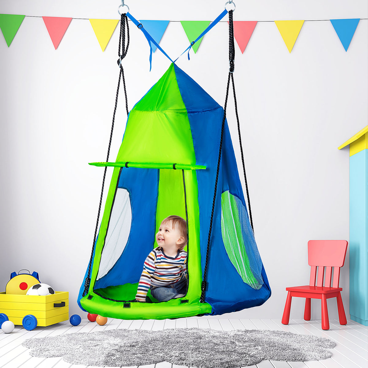 Kids Hanging Tree Swing Tent, Waterproof Sensory Swing with Windows, Rolling Door, for Indoor & Outdoor, Green-Toys & Games > Kids Outdoor Play > Gym Sets & Swings-DECOROLALA