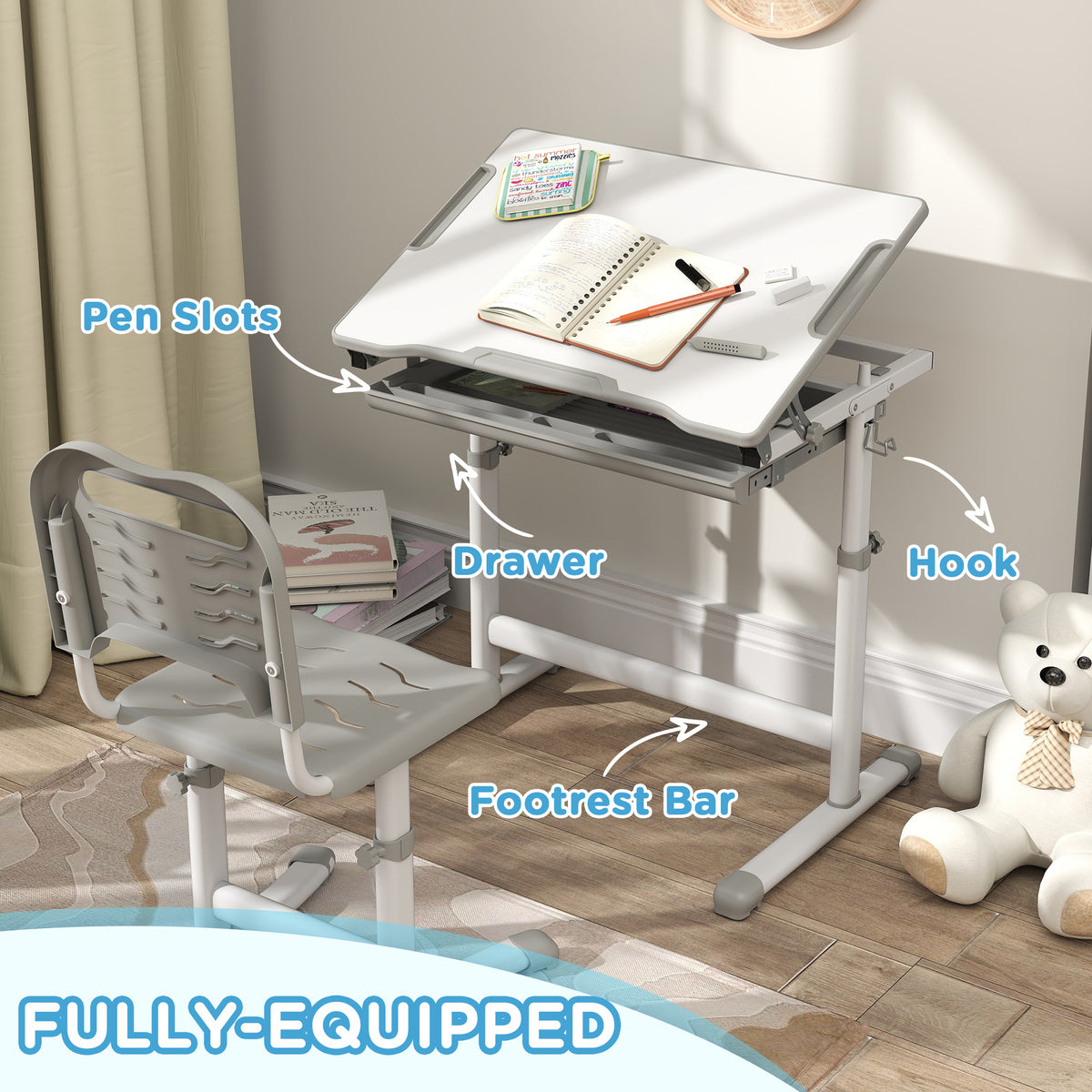 Kids Height Adjustable Study Desk and Chair Set-Toys & Games > Toddler & Kids Furniture > Kids Desk Sets-DECOROLALA