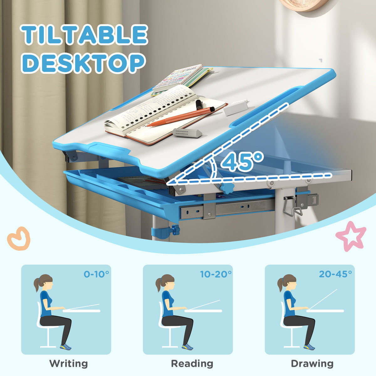 Kids Height Adjustable Study Desk and Chair Set-Toys & Games > Toddler & Kids Furniture > Kids Desk Sets-DECOROLALA
