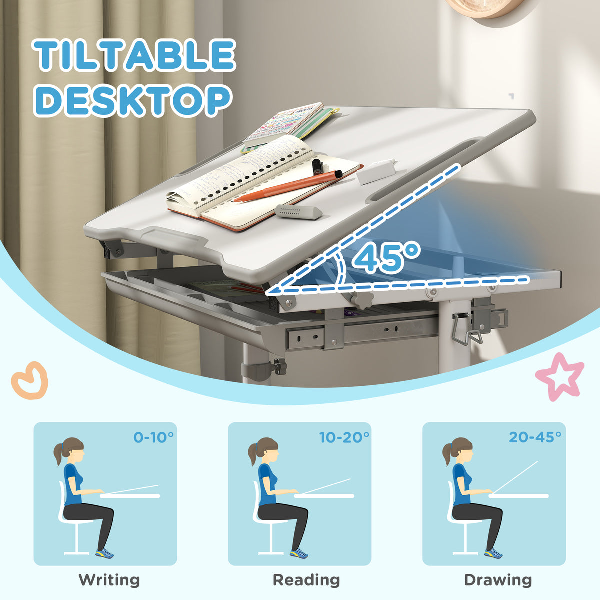 Kids Height Adjustable Study Desk and Chair Set-Toys & Games > Toddler & Kids Furniture > Kids Desk Sets-DECOROLALA