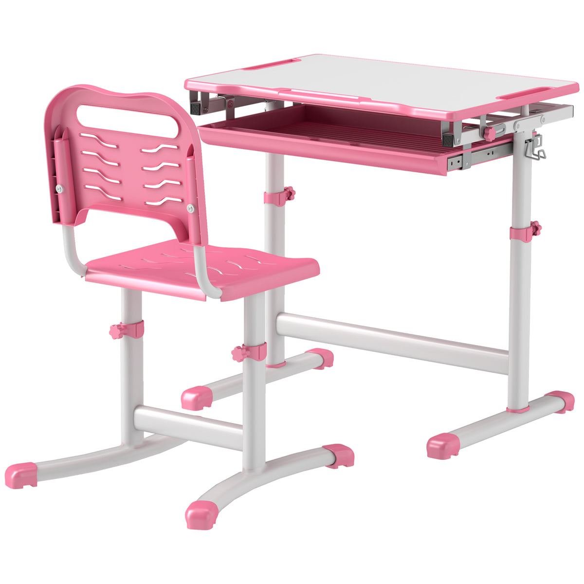 Height Adjustable Study Table and Chair Set with Drawer, Pen Slot, Tiltable Desktop, Hook-Toys & Games > Toddler & Kids Furniture > Kids Desk Sets-DECOROLALA