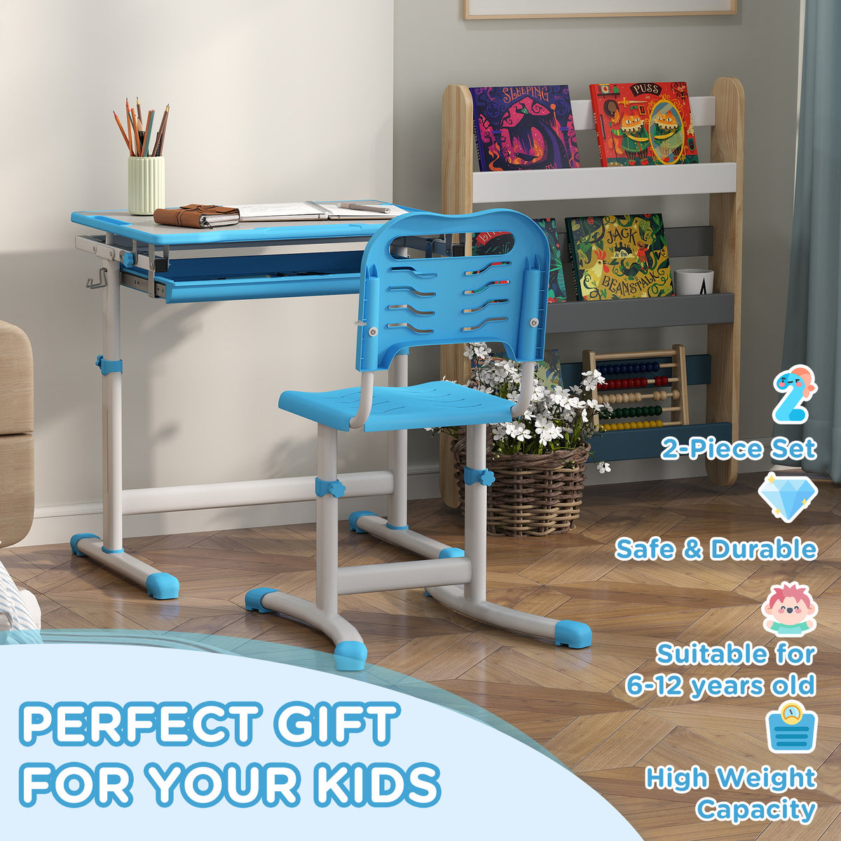 Kids Height Adjustable Study Desk and Chair Set-Toys & Games > Toddler & Kids Furniture > Kids Desk Sets-DECOROLALA