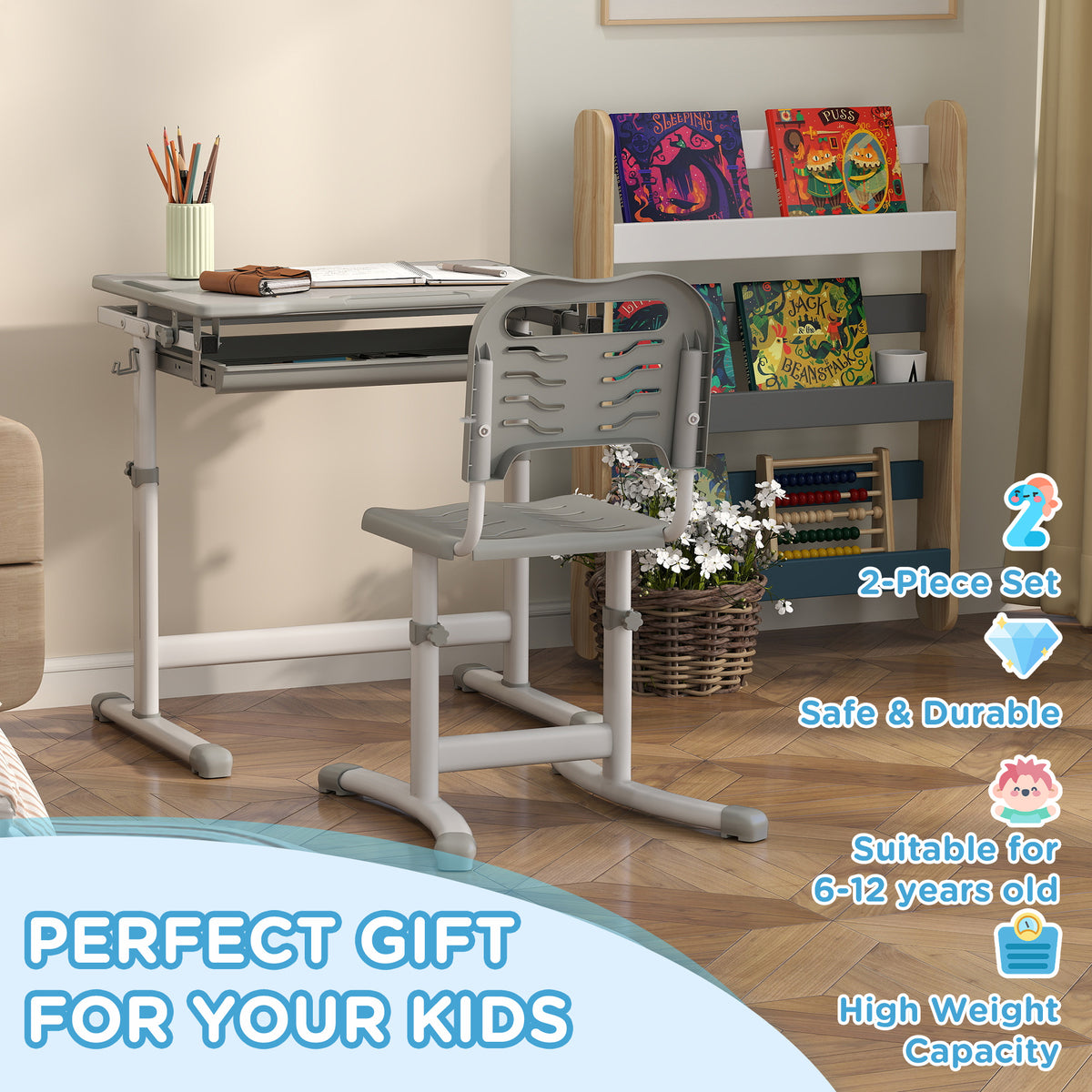Kids Height Adjustable Study Desk and Chair Set-Toys & Games > Toddler & Kids Furniture > Kids Desk Sets-DECOROLALA