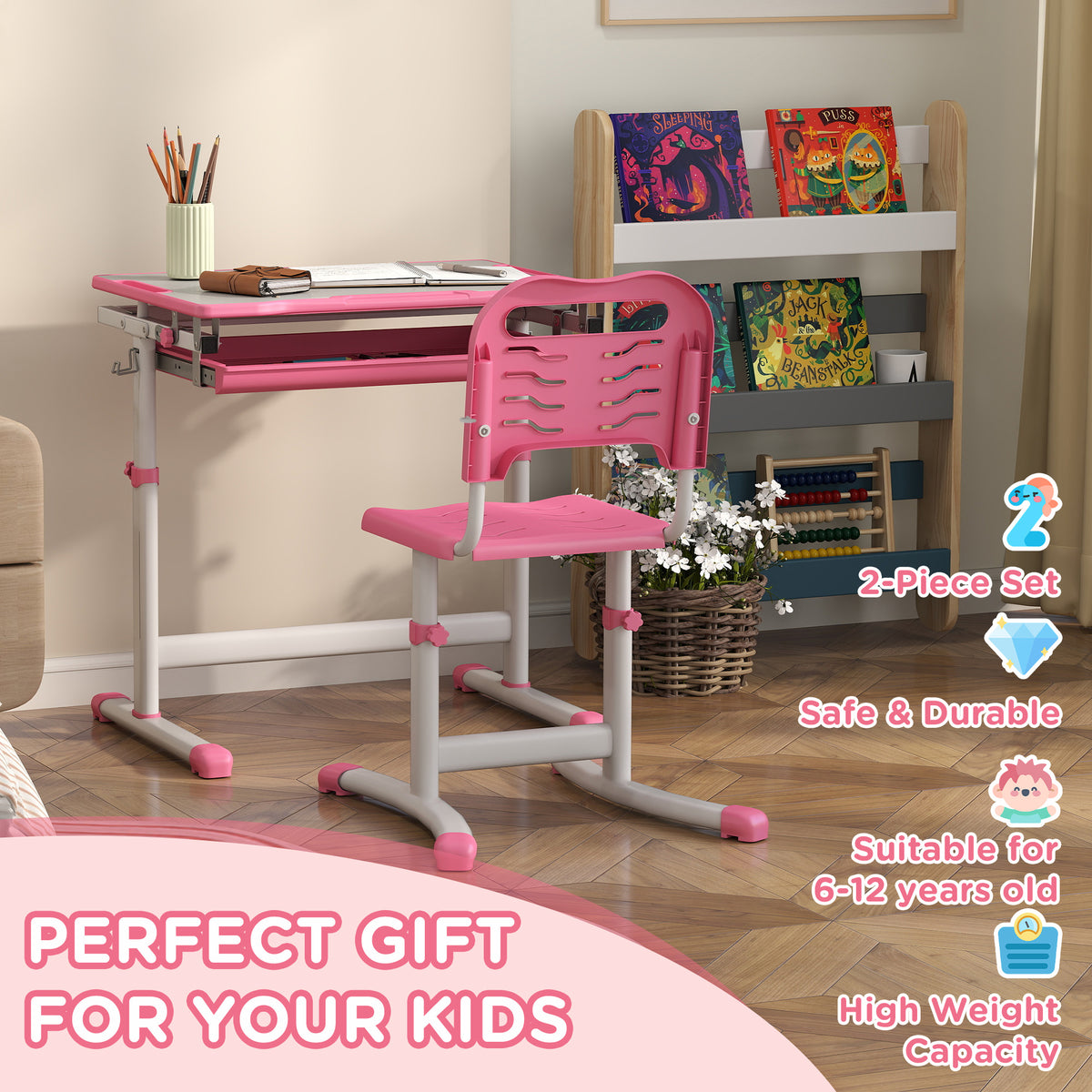 Kids Height Adjustable Study Desk and Chair Set-Toys & Games > Toddler & Kids Furniture > Kids Desk Sets-DECOROLALA