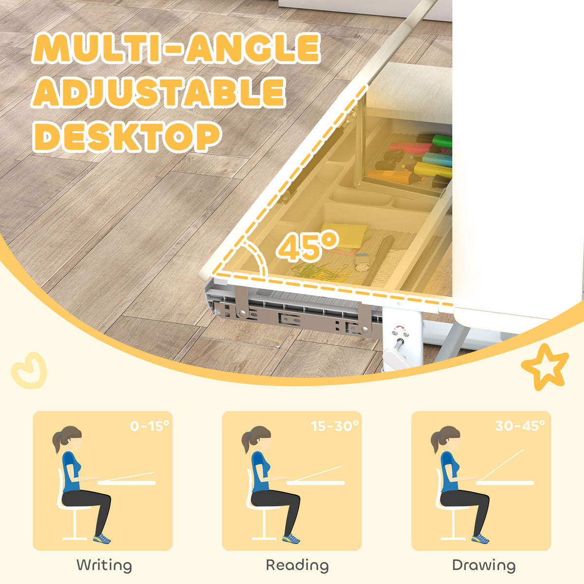 Kids Height Adjustable Study Desk with Tilted Desktop & Storage-Toys & Games > Toddler & Kids Furniture > Kids Desk Sets-DECOROLALA