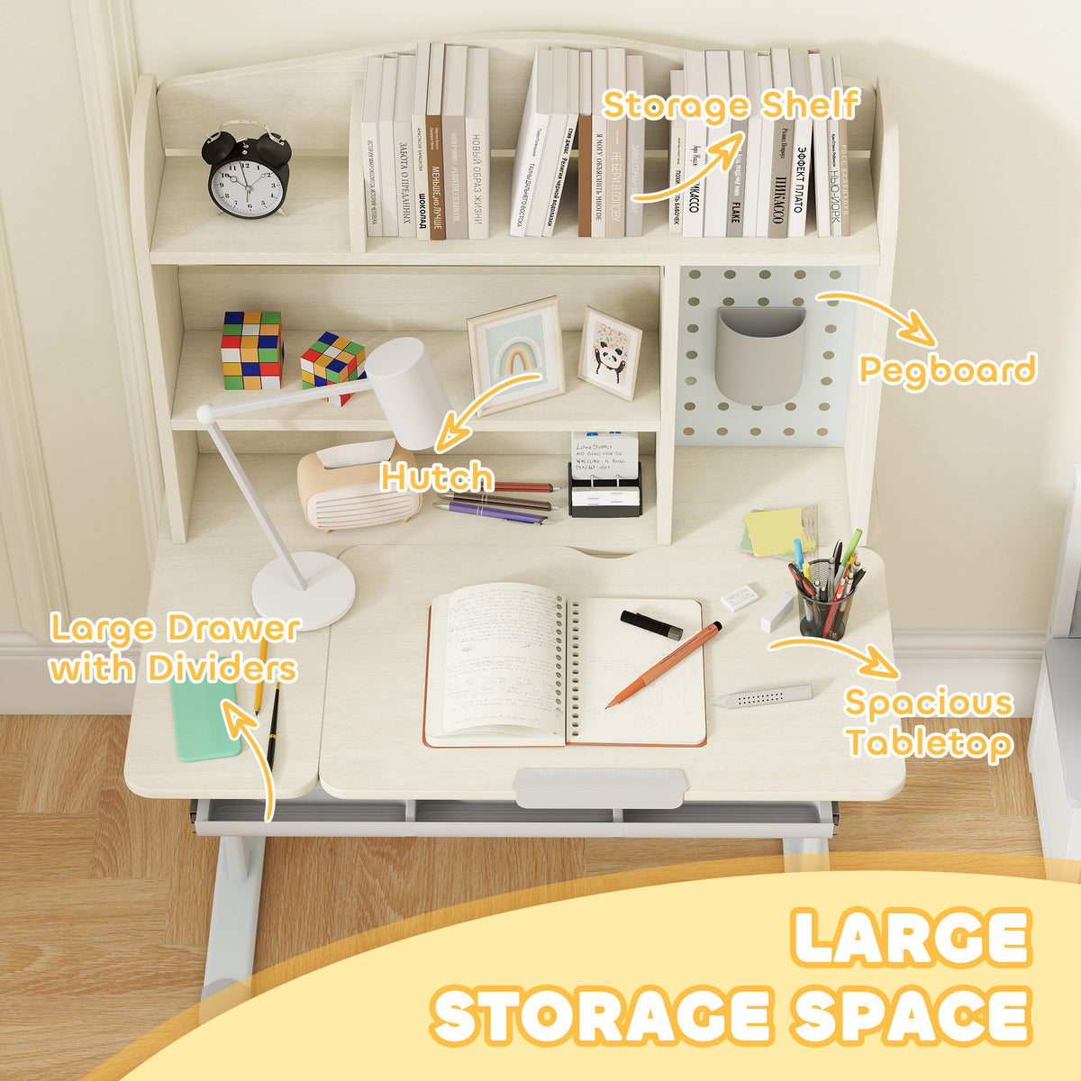 Kids Height Adjustable Study Desk with Tilted Desktop & Storage-Toys & Games > Toddler & Kids Furniture > Kids Desk Sets-DECOROLALA