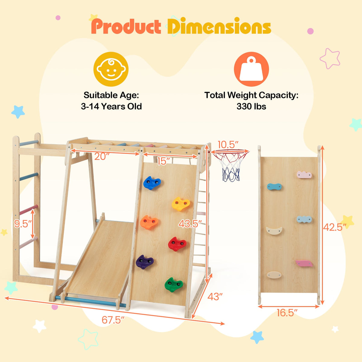 Kids Indoor Playground 6-in-1 Jungle Gym for 3-14 Years Olds-Rainbow