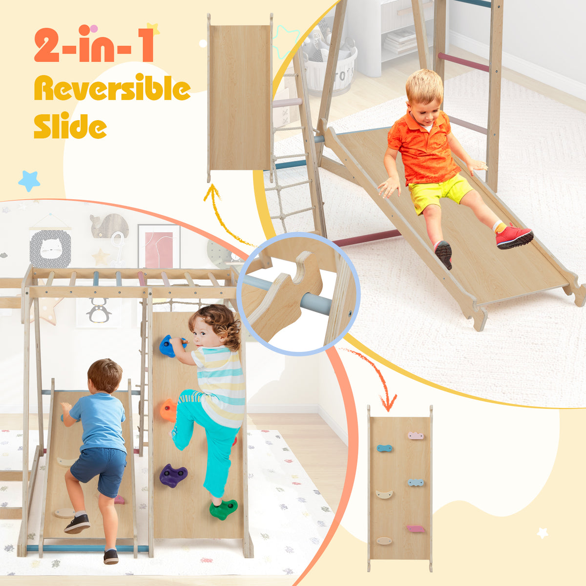 Kids Indoor Playground 6-in-1 Jungle Gym for 3-14 Years Olds-Rainbow