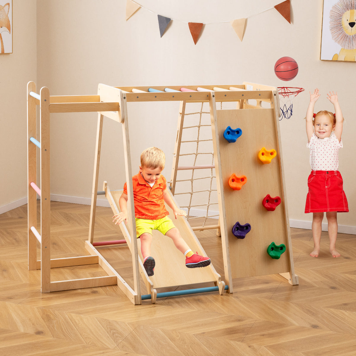 Kids Indoor Playground 6-in-1 Jungle Gym for 3-14 Years Olds-Rainbow