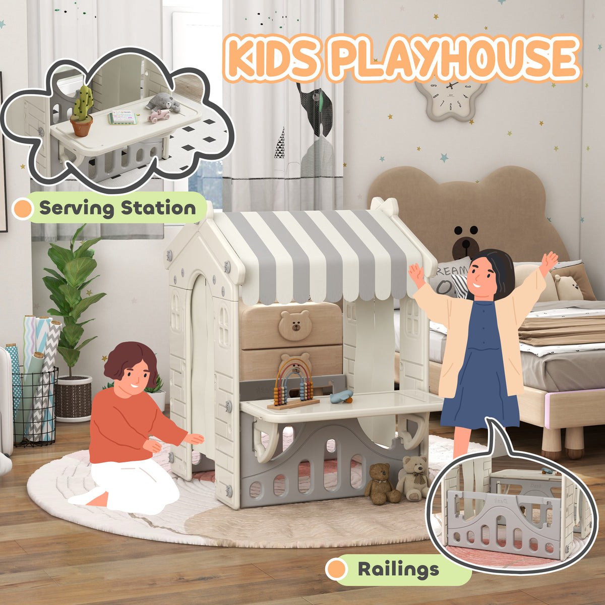 Kids Indoor Playhouse - Cream Cottage with Serving Station-Toys & Games > Kids Outdoor Play-DECOROLALA