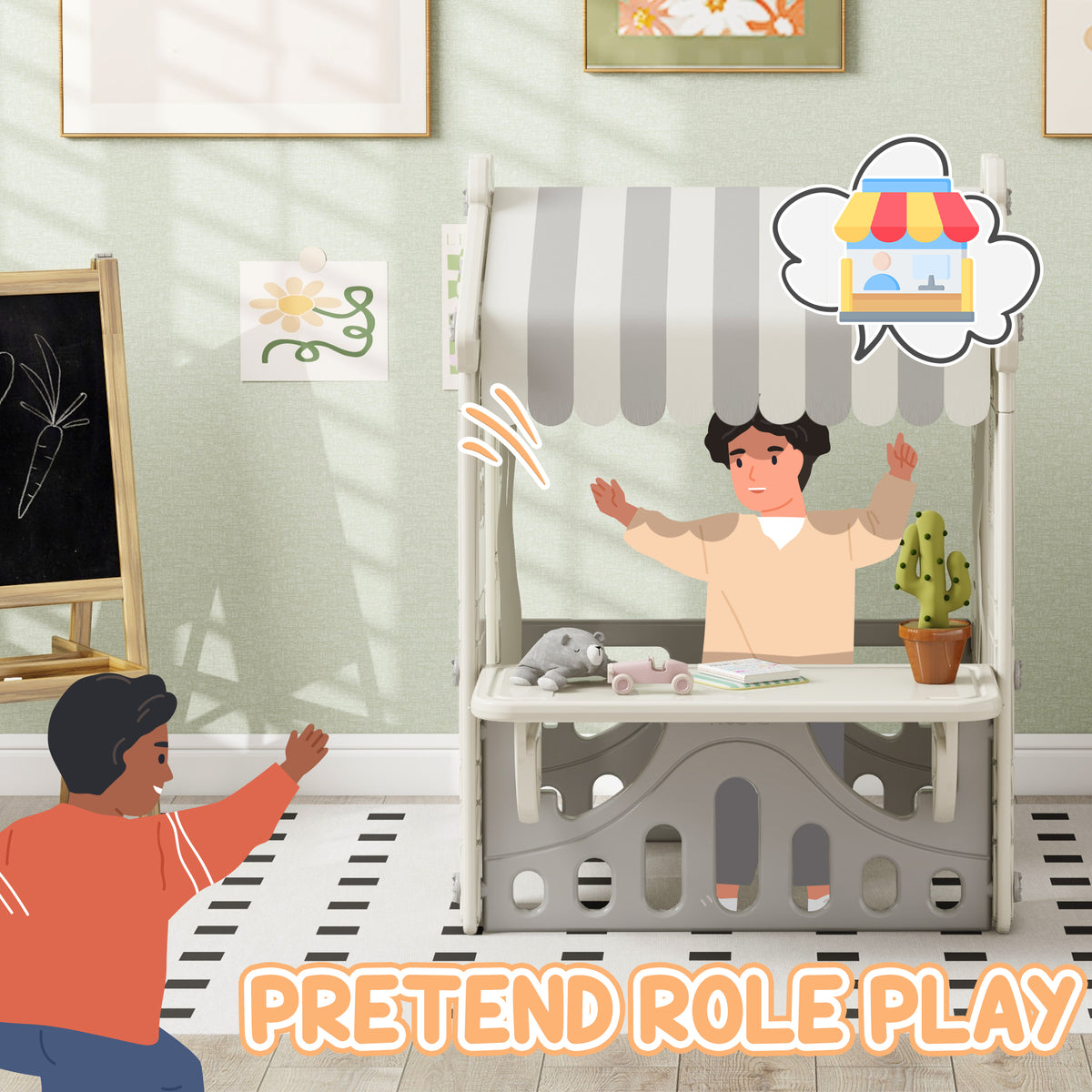 Kids Indoor Playhouse - Cream Cottage with Serving Station-Toys & Games > Kids Outdoor Play-DECOROLALA