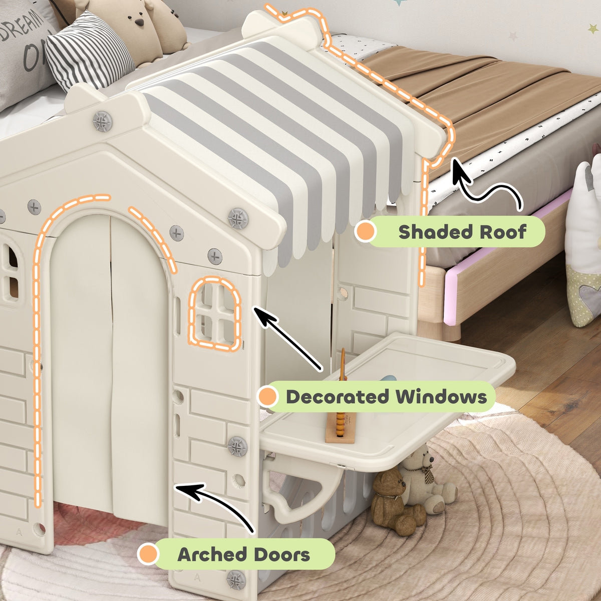 Kids Indoor Playhouse - Cream Cottage with Serving Station-Toys & Games > Kids Outdoor Play-DECOROLALA