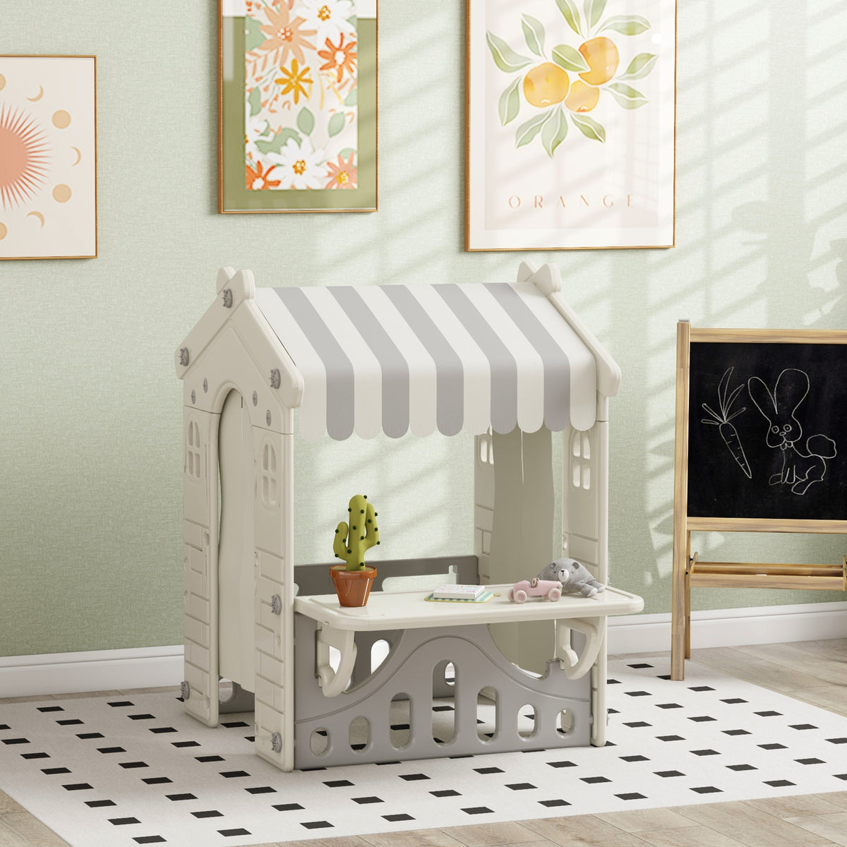 Kids Indoor Playhouse - Cream Cottage with Serving Station-Toys & Games > Kids Outdoor Play-DECOROLALA