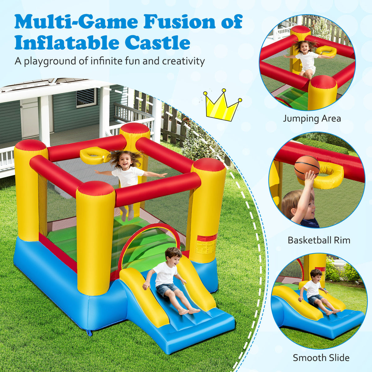 Château gonflable pour enfants avec toboggan et soufflerie de 550 W