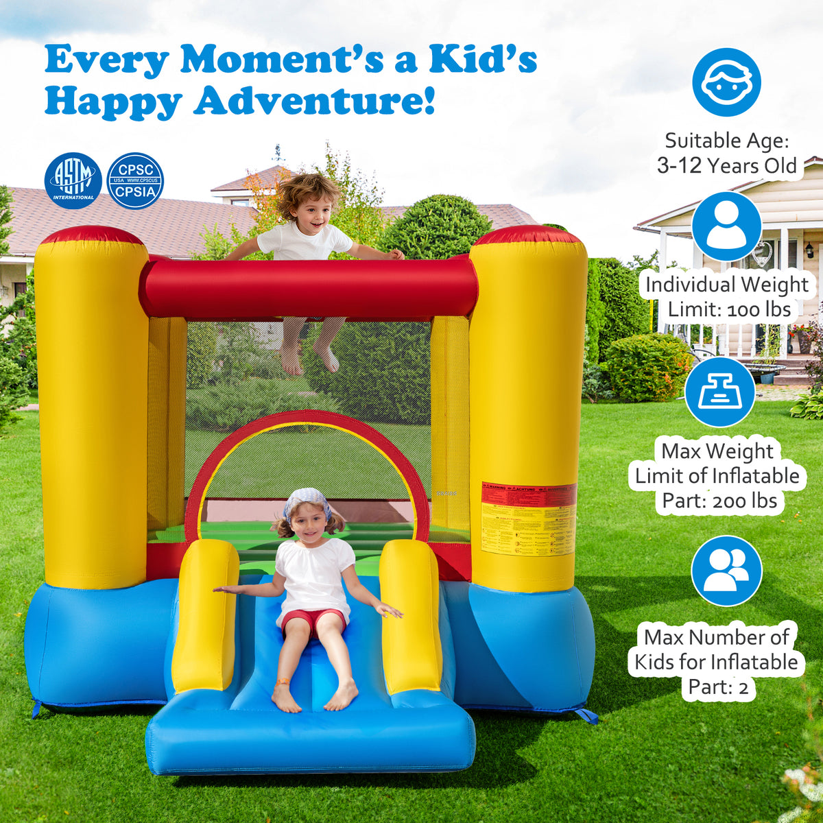 Château gonflable pour enfants avec toboggan et soufflerie de 550 W