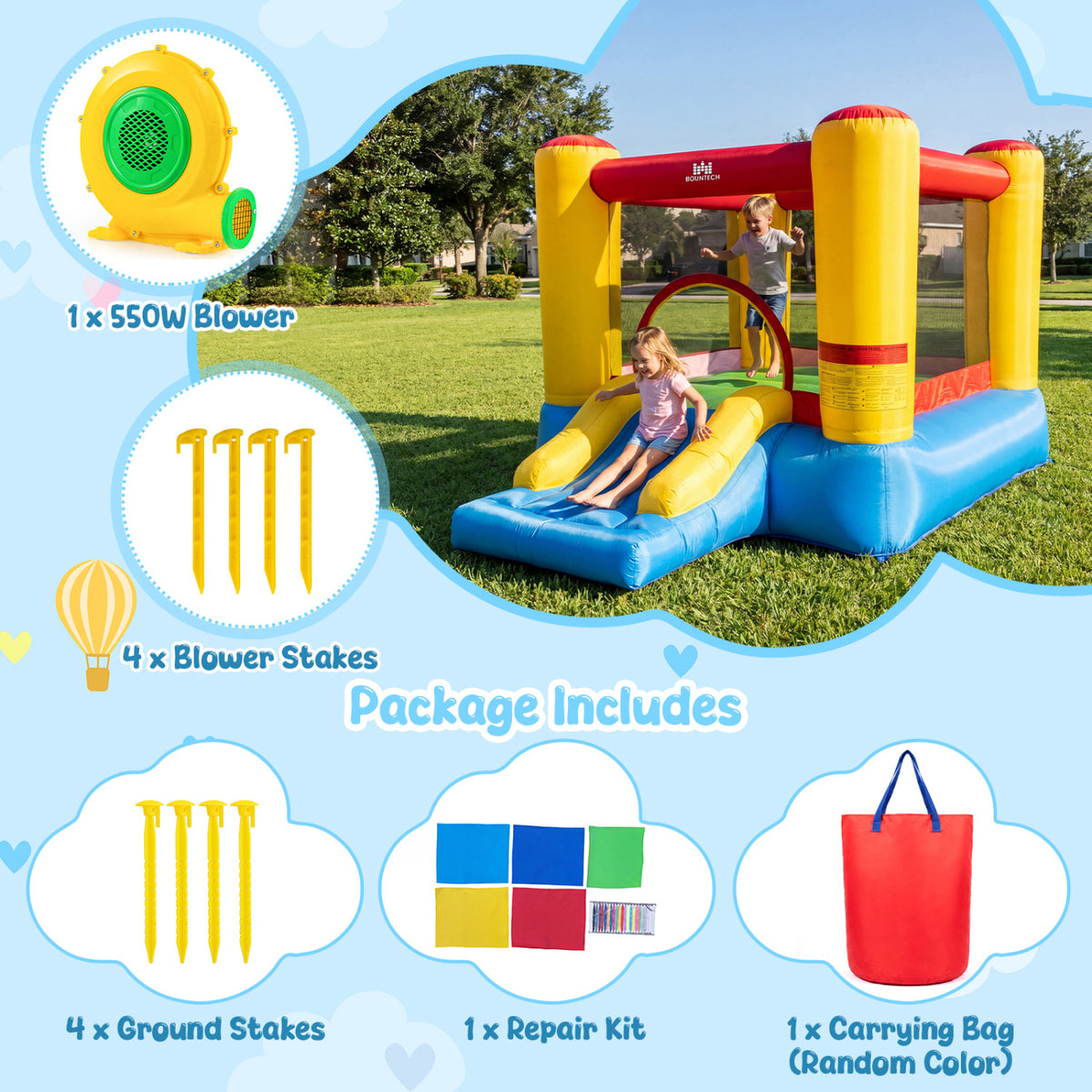 Château gonflable pour enfants avec toboggan et soufflerie de 550 W
