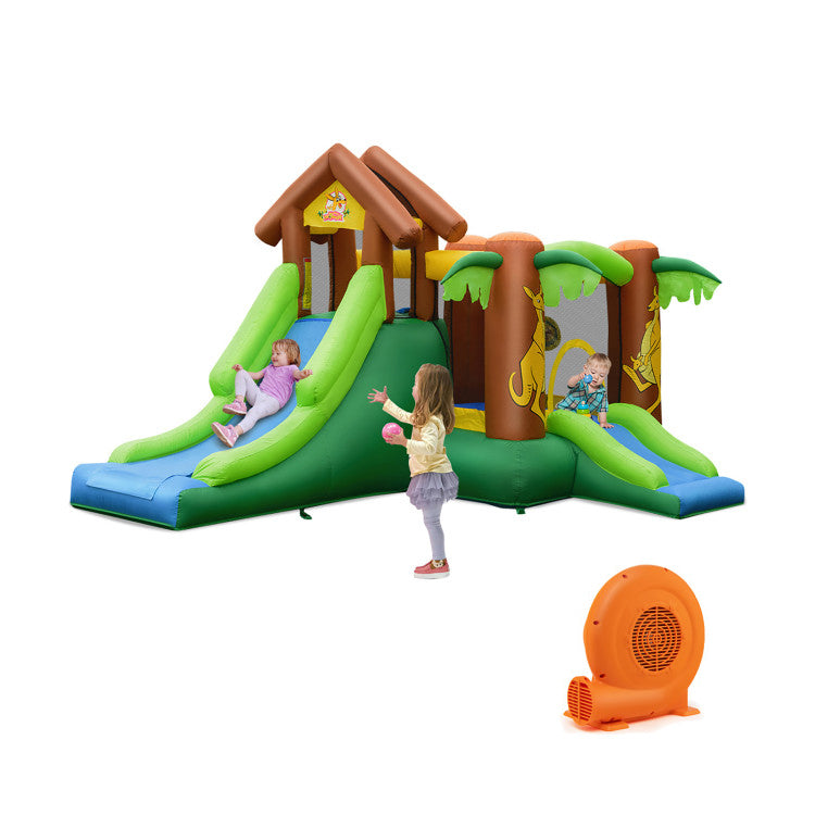 Kids Inflatable Jungle Bounce House with Slides and 680W Blower-Inflatable Bounce Houses-DECOROLALA
