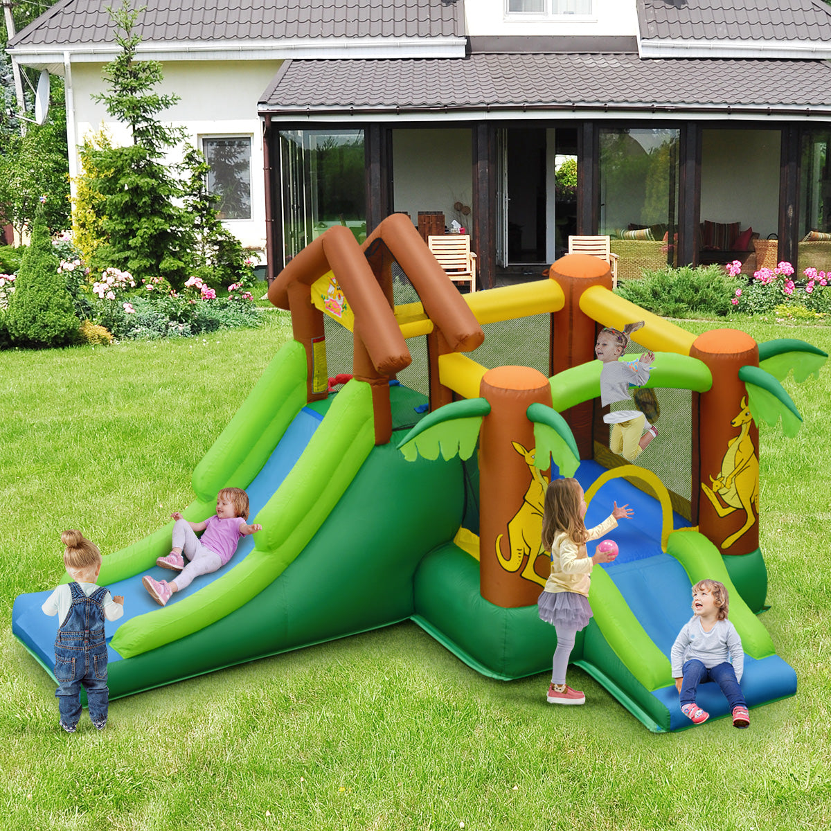 Kids Inflatable Jungle Bounce House with Slides and 680W Blower-Inflatable Bounce Houses-DECOROLALA